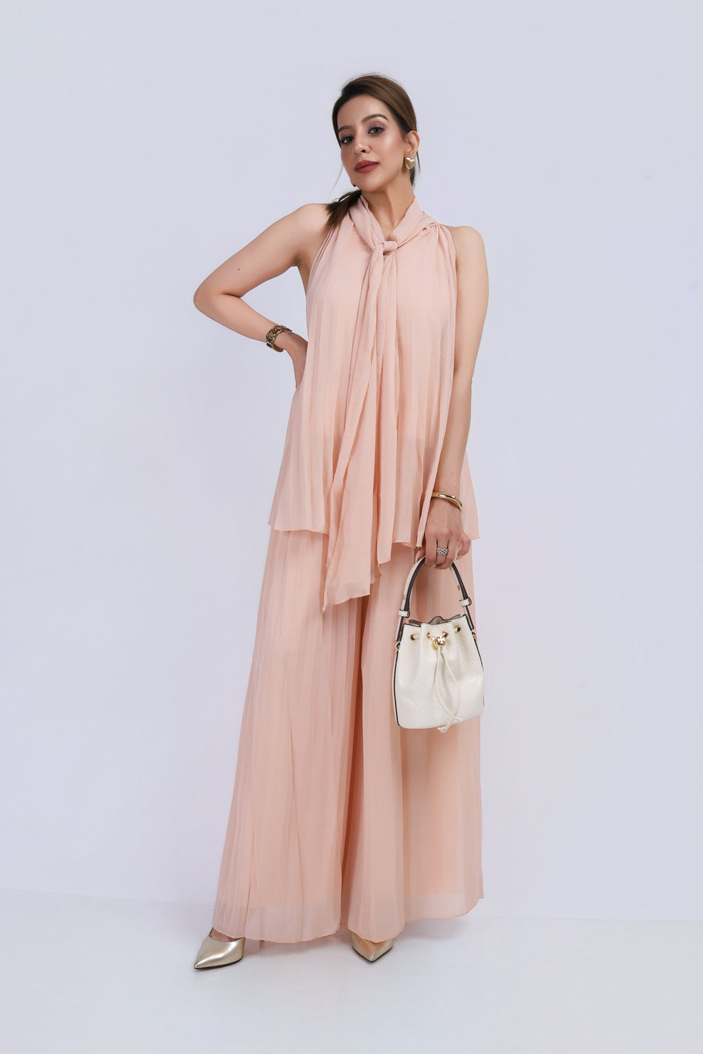 Tie Neck Halter Pleated Set - Peach