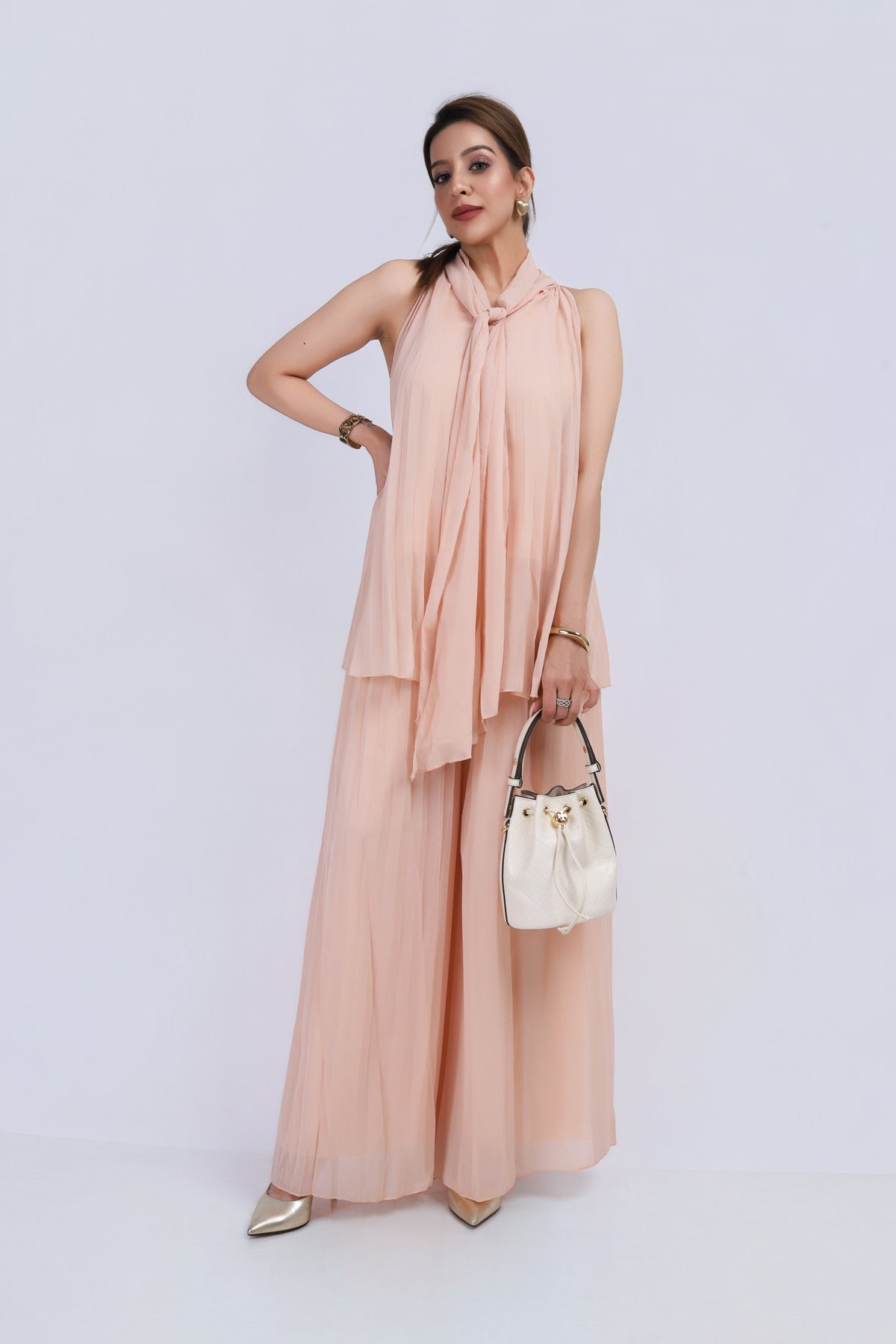 Tie Neck Halter Pleated Set - Peach