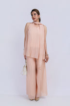 Tie Neck Halter Pleated Set - Peach
