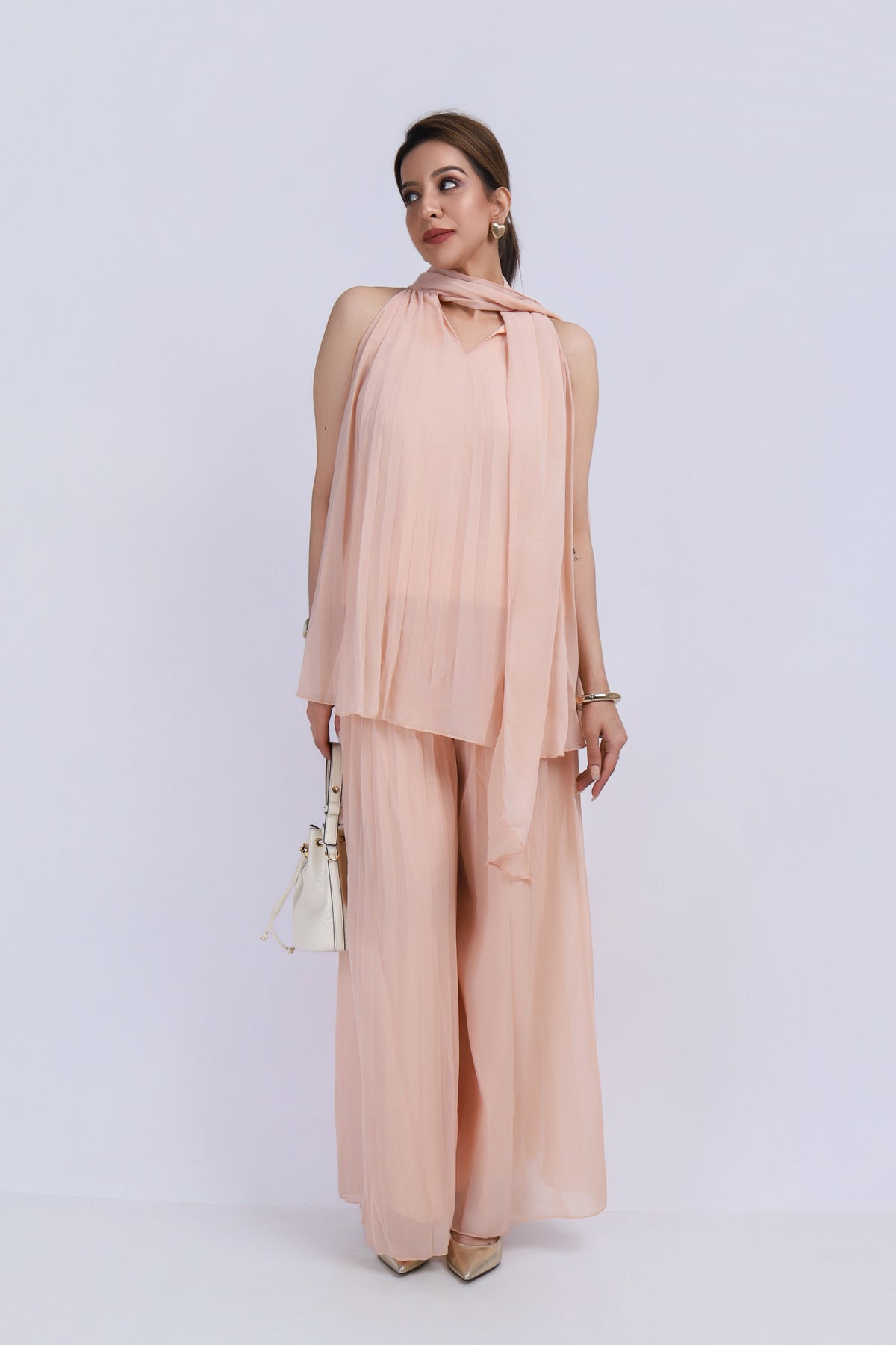 Tie Neck Halter Pleated Set - Peach