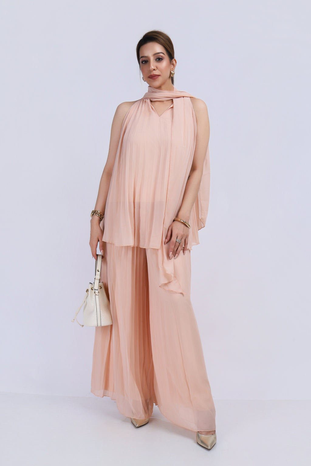Tie Neck Halter Pleated Set - Peach