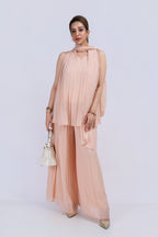 Tie Neck Halter Pleated Set - Peach