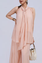 Tie Neck Halter Pleated Set - Peach