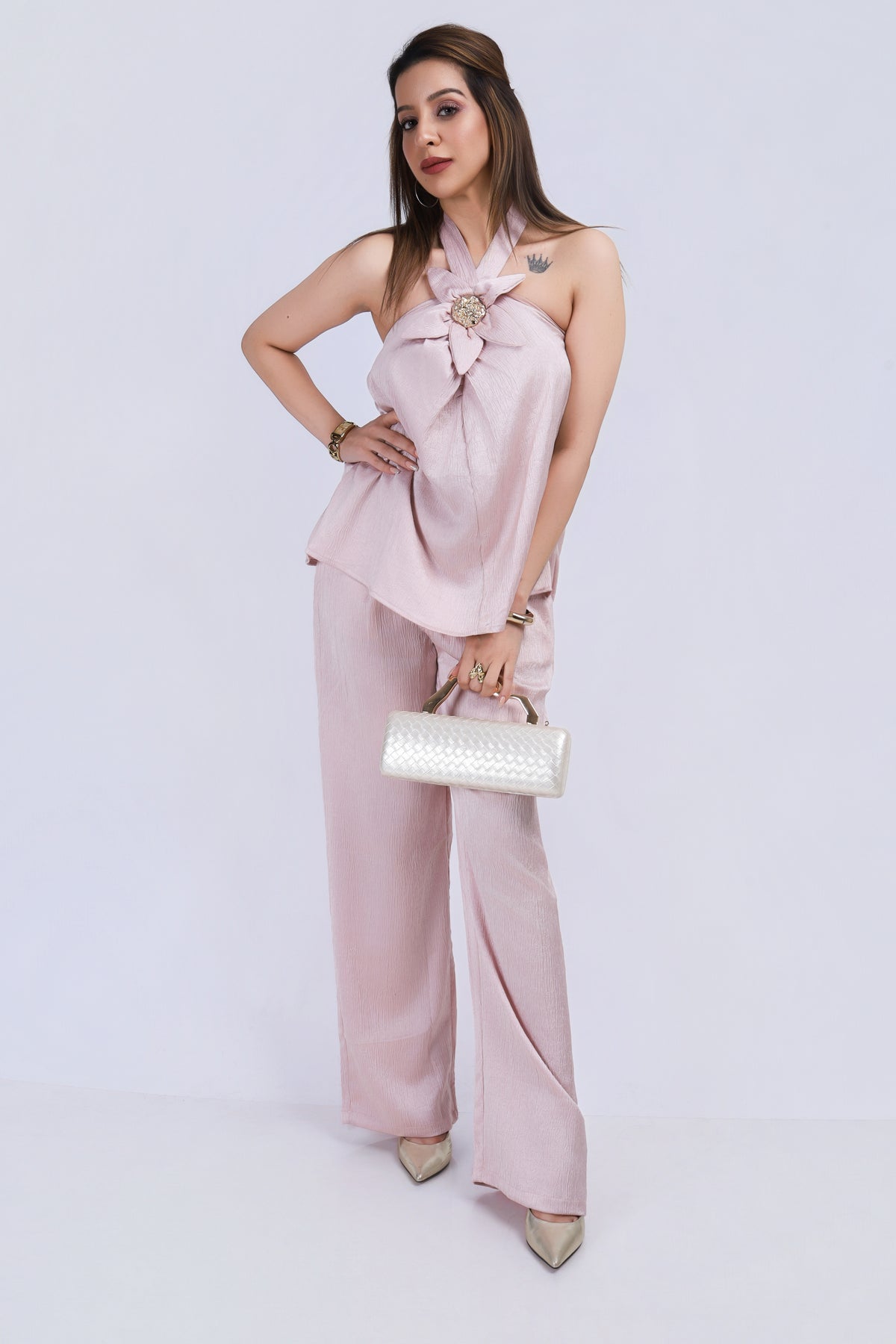 Flower Halter Satin Coord Set - Light Pink