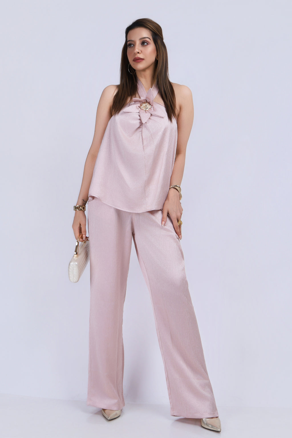 Flower Halter Satin Coord Set - Light Pink