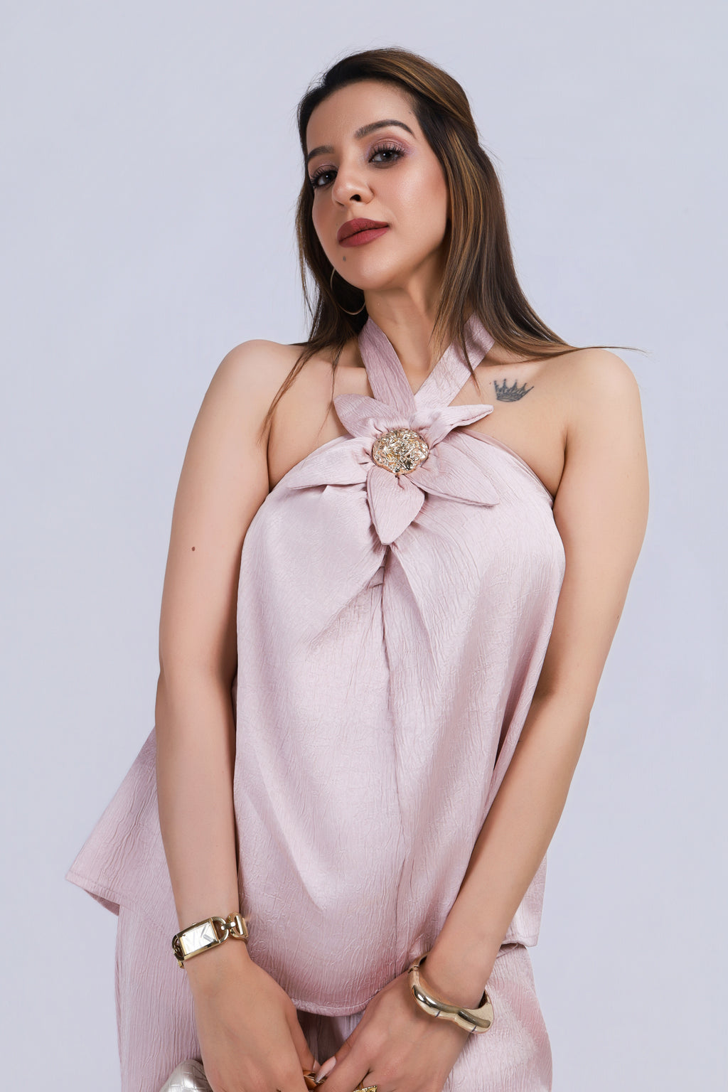 Flower Halter Satin Coord Set - Light Pink