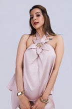 Flower Halter Satin Coord Set - Light Pink