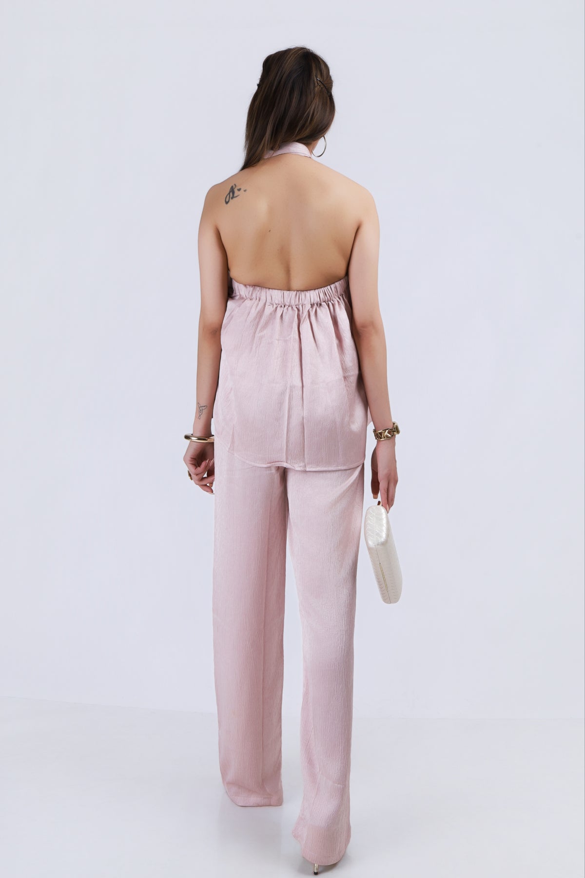 Flower Halter Satin Coord Set - Light Pink