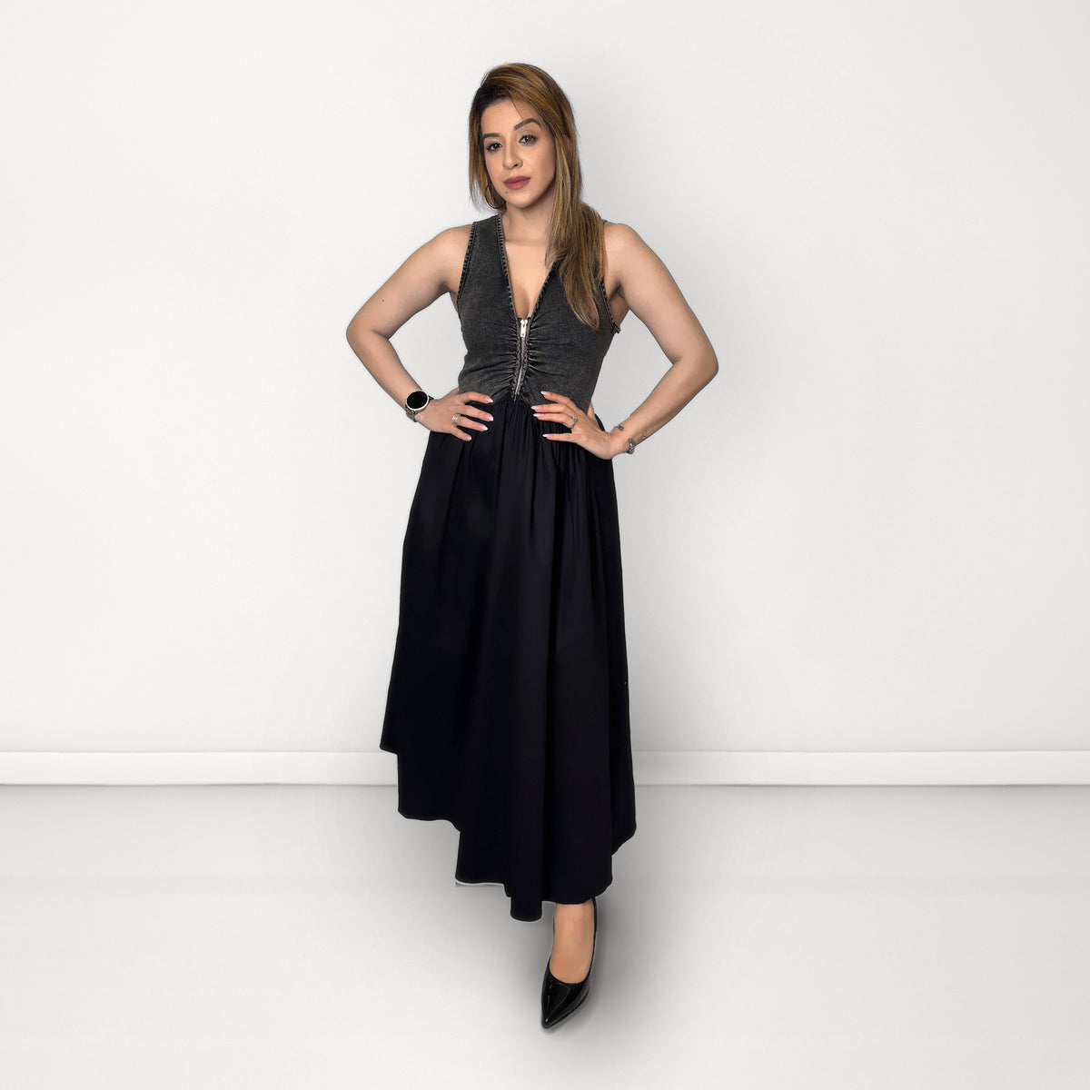 Black Denim Panel Maxi Dress - Black