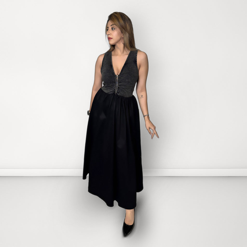 Black Denim Panel Maxi Dress - Black