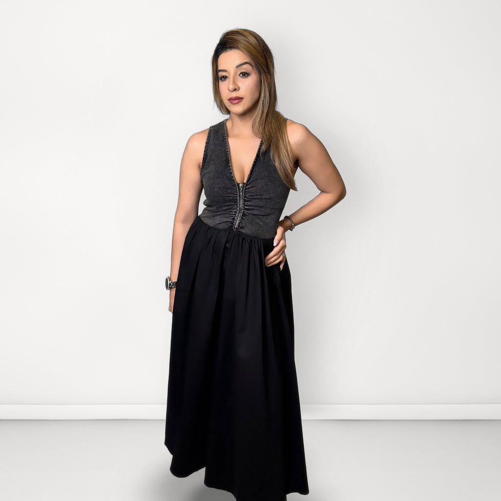 Black Denim Panel Maxi Dress - Black