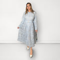 Embroidered Net Belted Dress with Long Sleeves - Light Blue