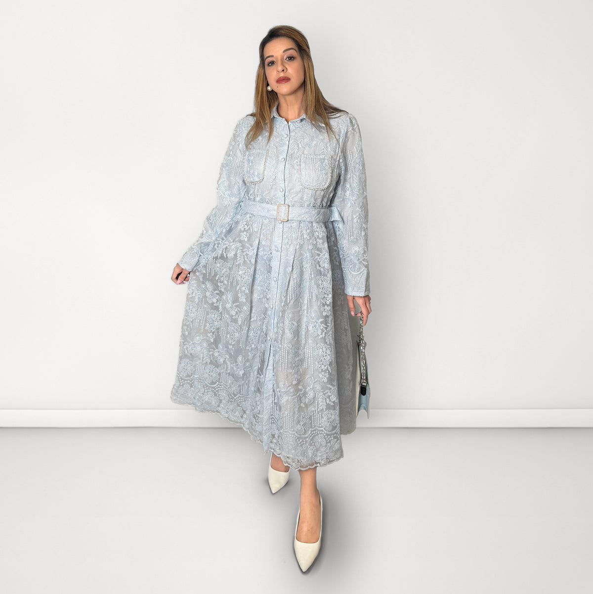 Embroidered Net Belted Dress with Long Sleeves - Light Blue