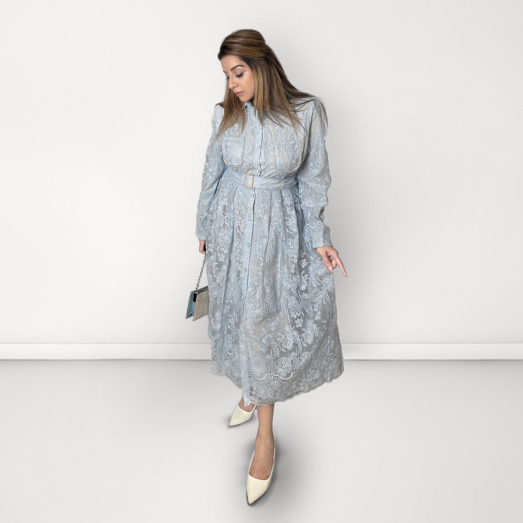 Embroidered Net Belted Dress with Long Sleeves - Light Blue