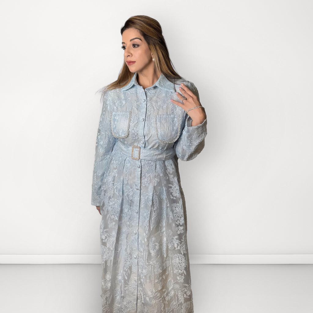Embroidered Net Belted Dress with Long Sleeves - Light Blue