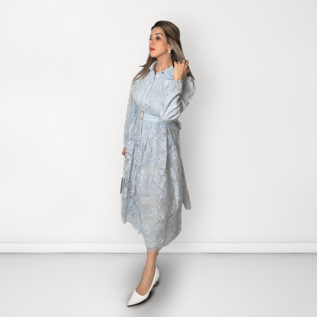 Embroidered Net Belted Dress with Long Sleeves - Light Blue