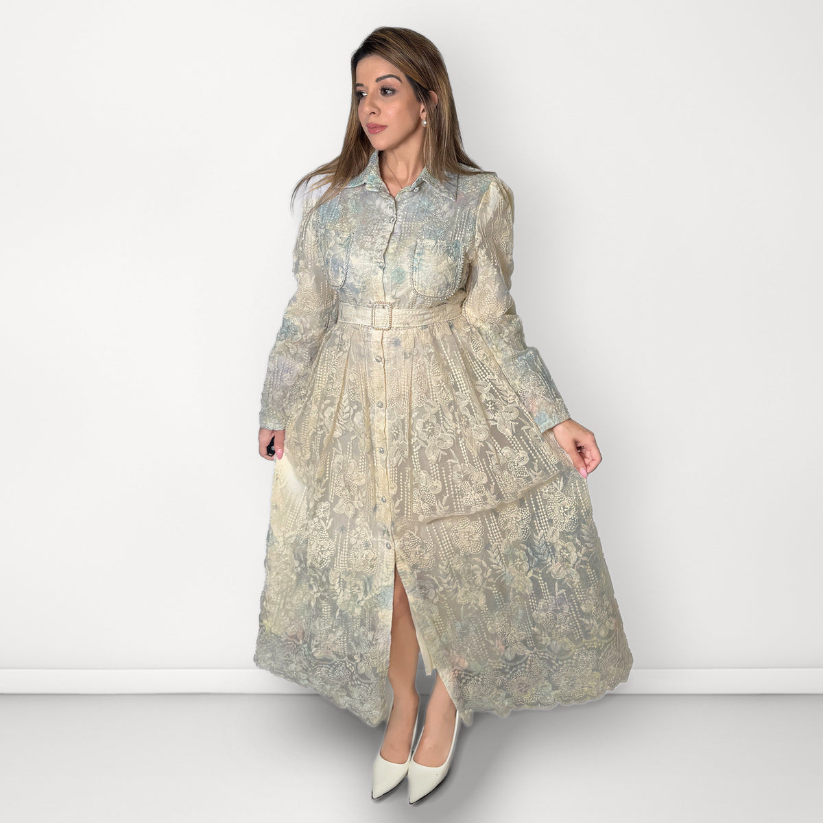 Embroidered Net Belted Dress with Long Sleeves - Pastel Blue & Ivory