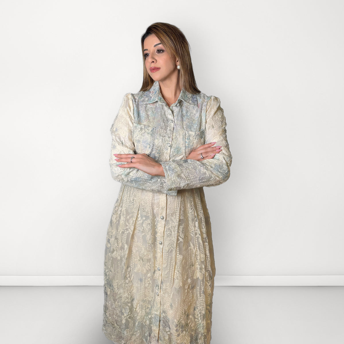 Embroidered Net Belted Dress with Long Sleeves - Pastel Blue & Ivory