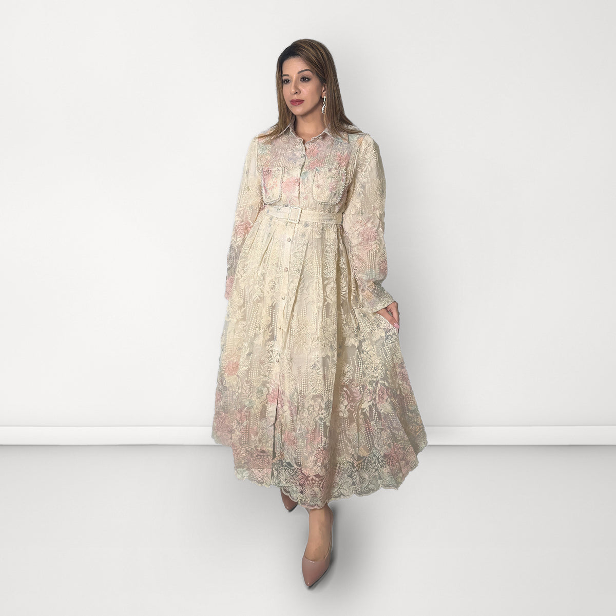 Embroidered Net Belted Dress with Long Sleeves - Pastel Pink & Ivory