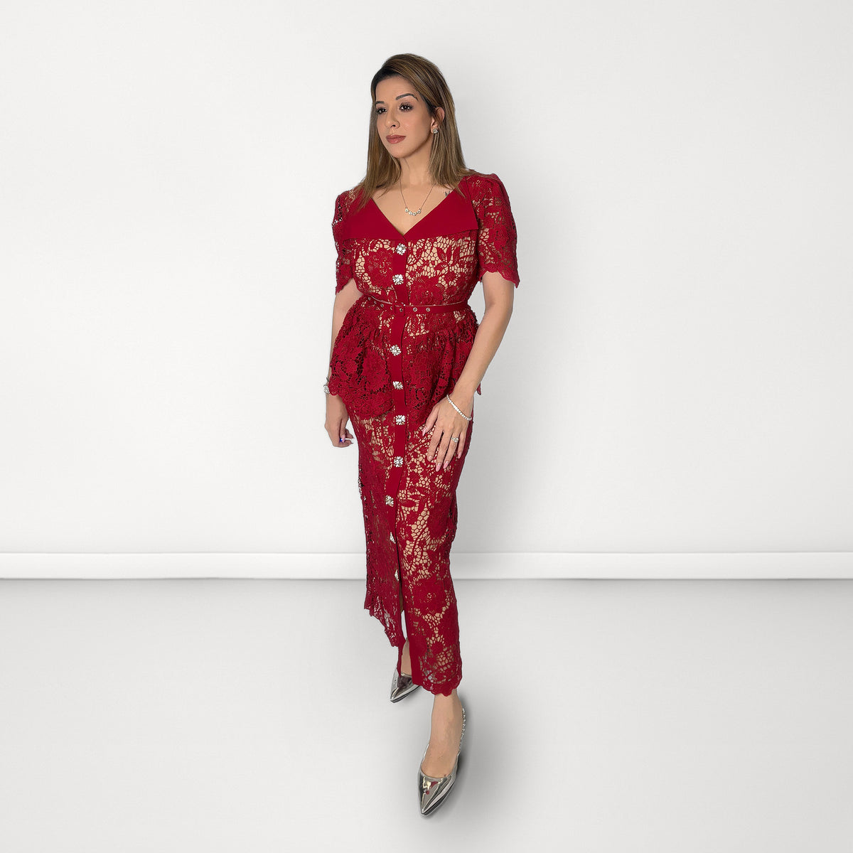 Floral Lace Peplum Belted Dress - Crimson Red