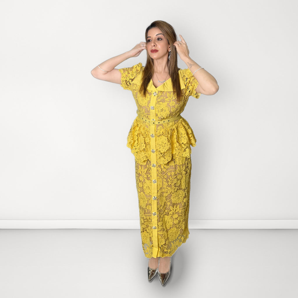 Floral Lace Peplum Belted Dress - Yellow