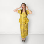 Floral Lace Peplum Belted Dress - Yellow