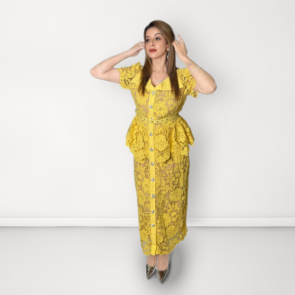 Floral Lace Peplum Belted Dress - Yellow