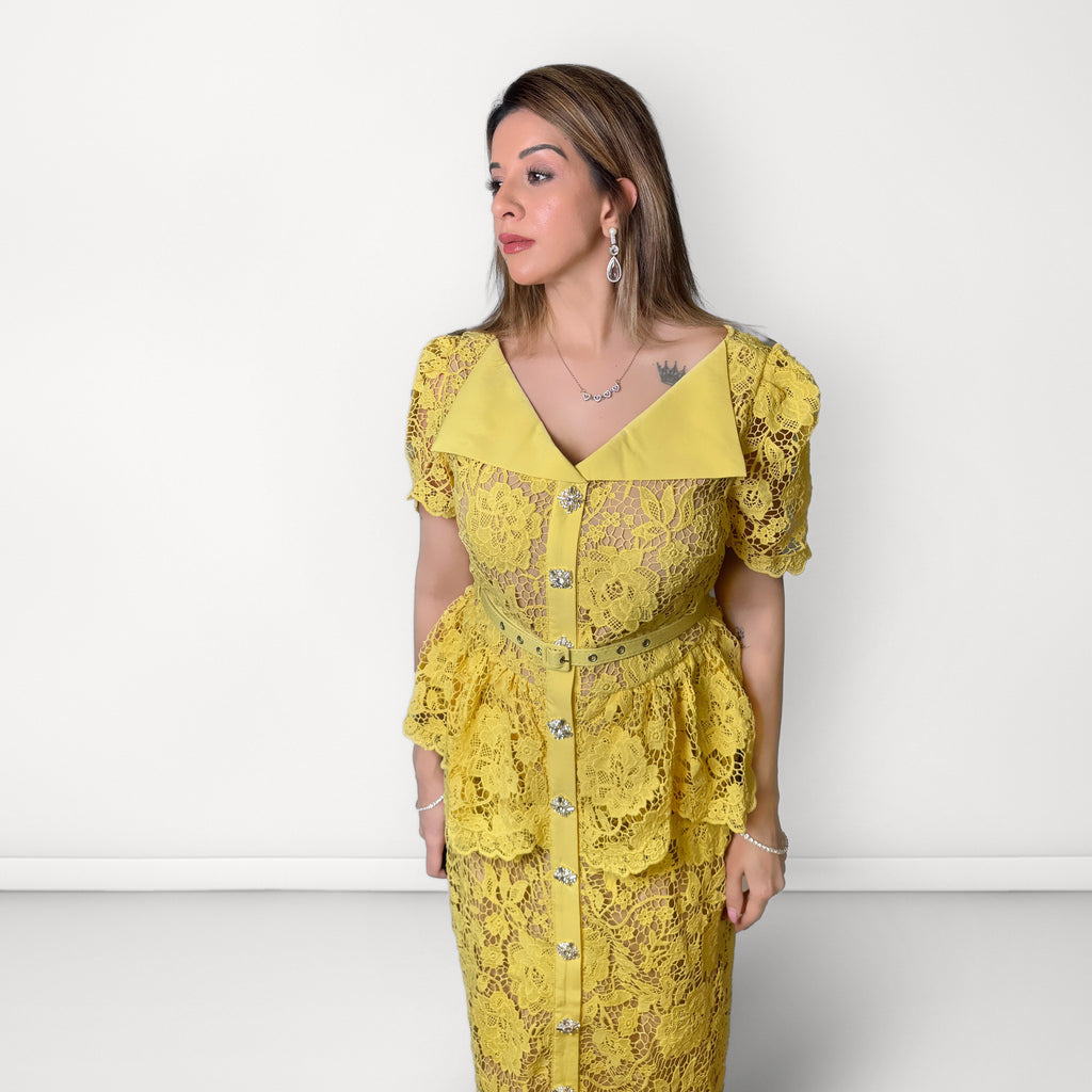 Floral Lace Peplum Belted Dress - Yellow