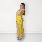 Floral Lace Peplum Belted Dress - Yellow