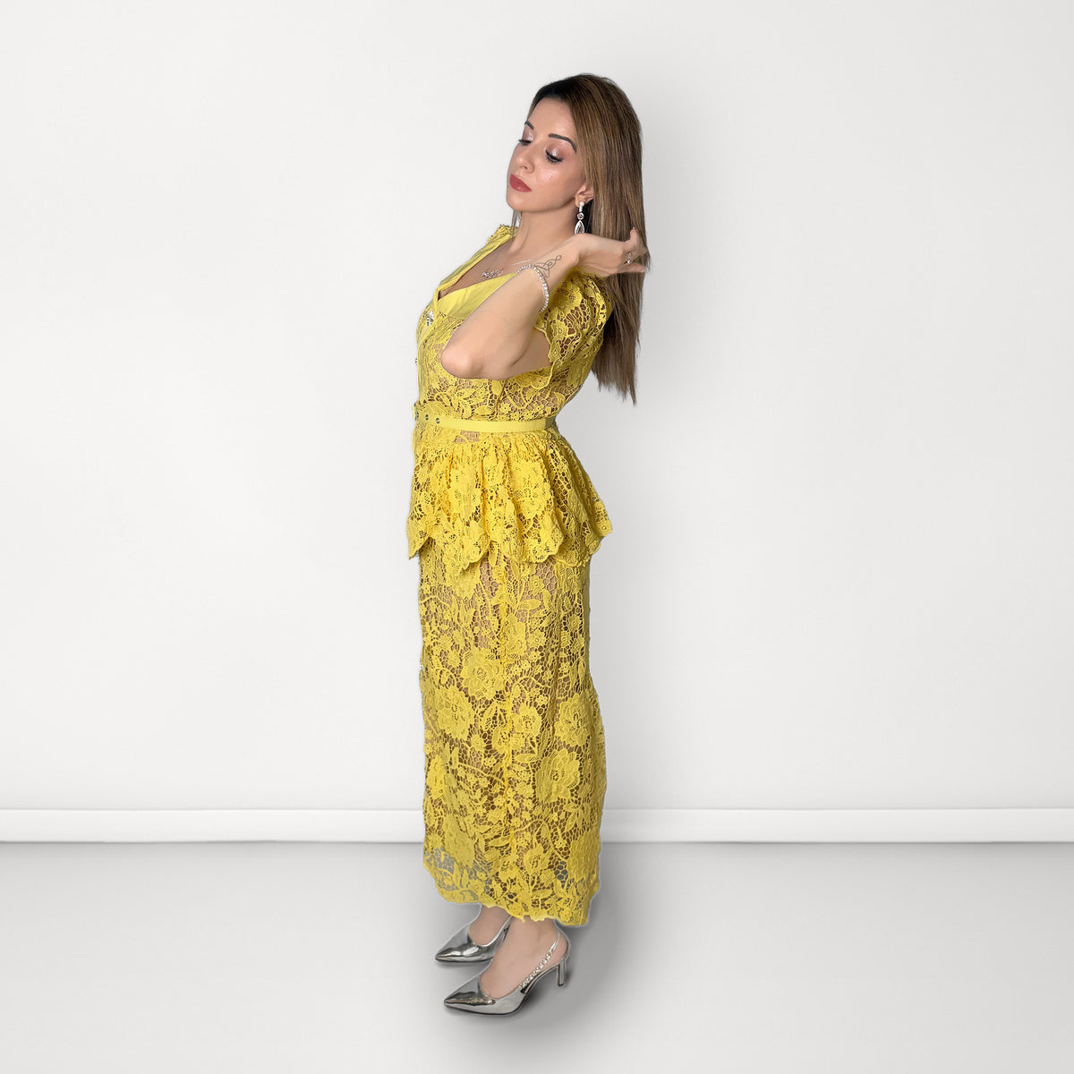 Floral Lace Peplum Belted Dress - Yellow