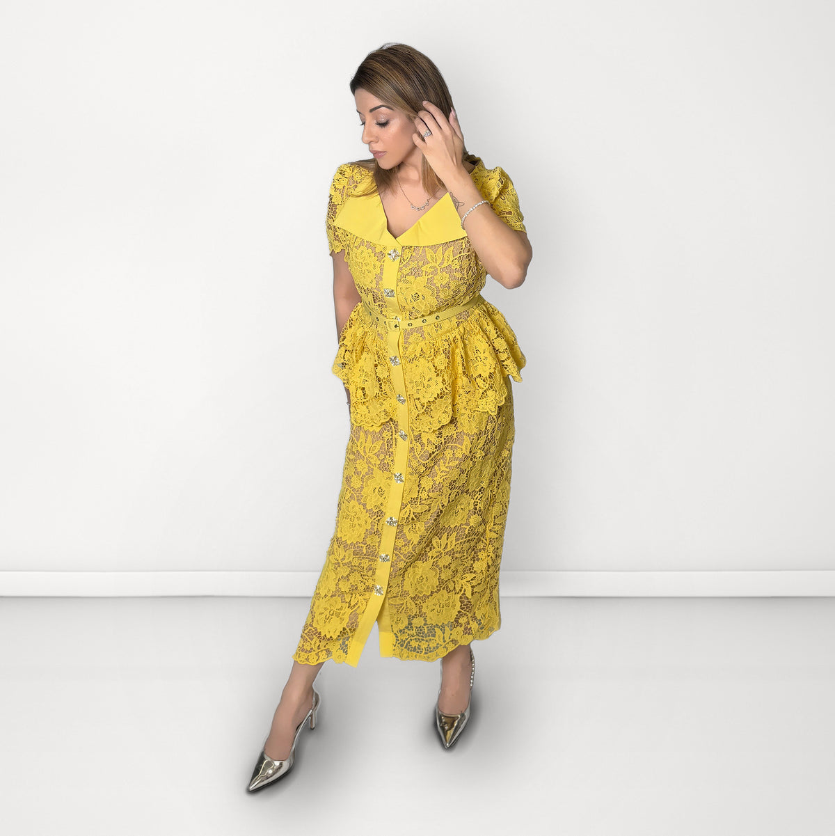 Floral Lace Peplum Belted Dress - Yellow
