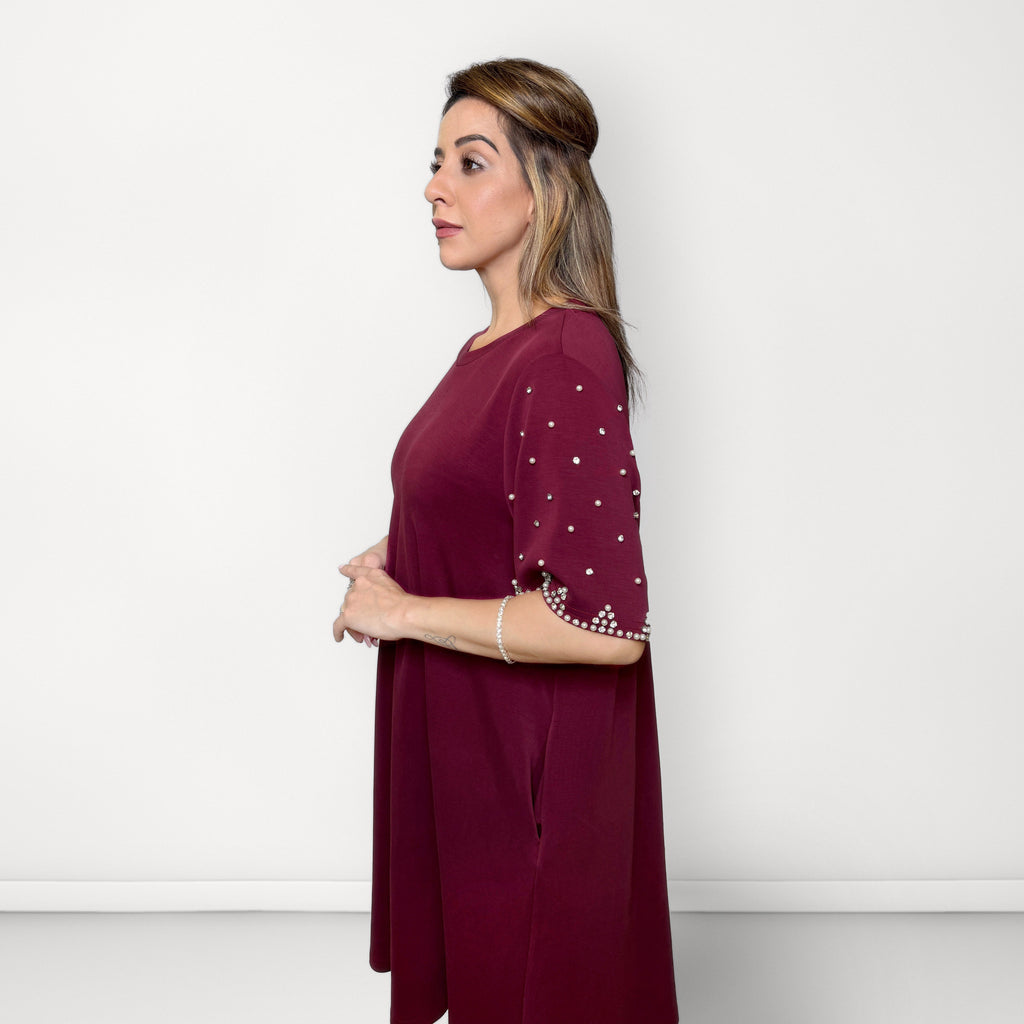 Pearl Sleeve T-shirt Dress - Maroon