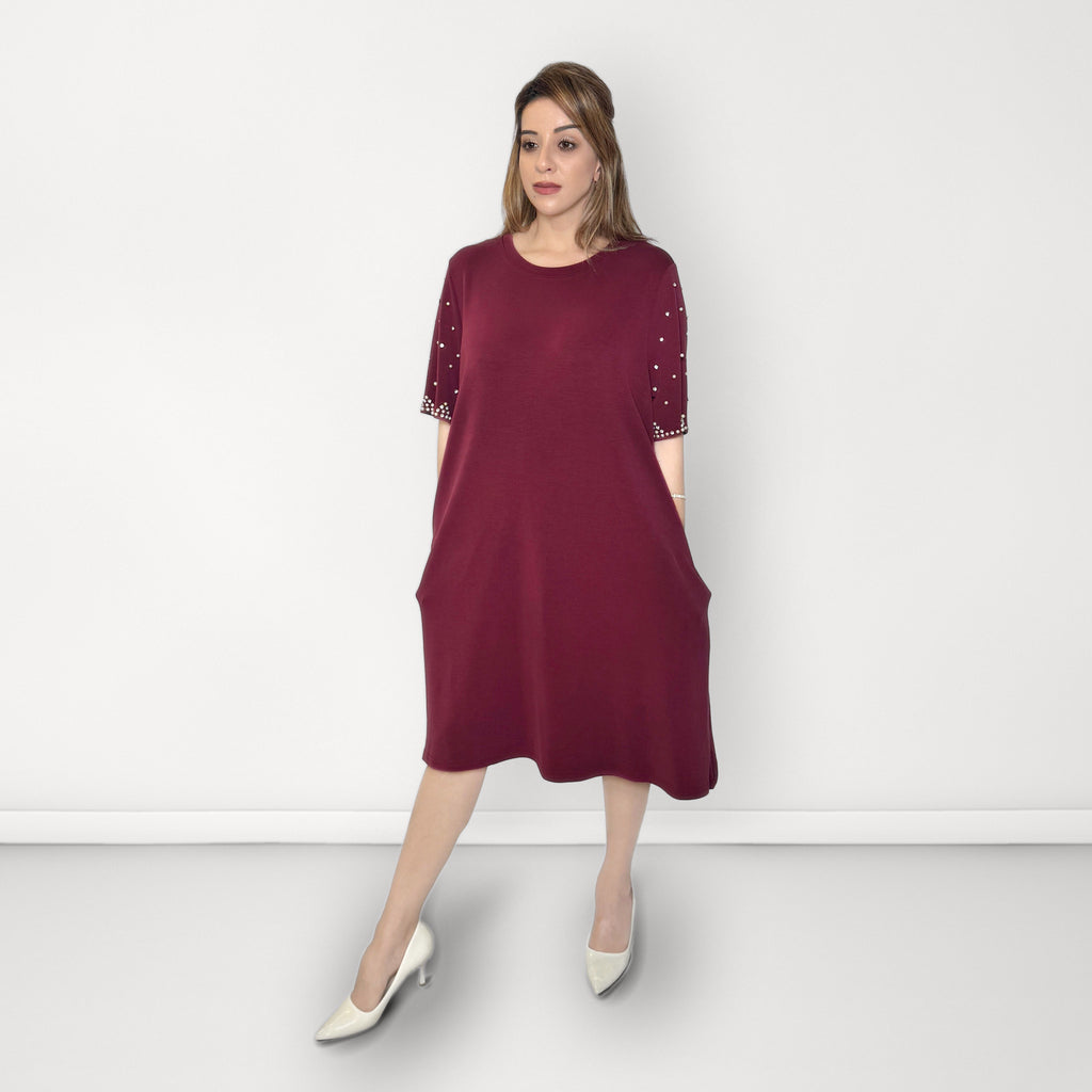 Pearl Sleeve T-shirt Dress - Maroon
