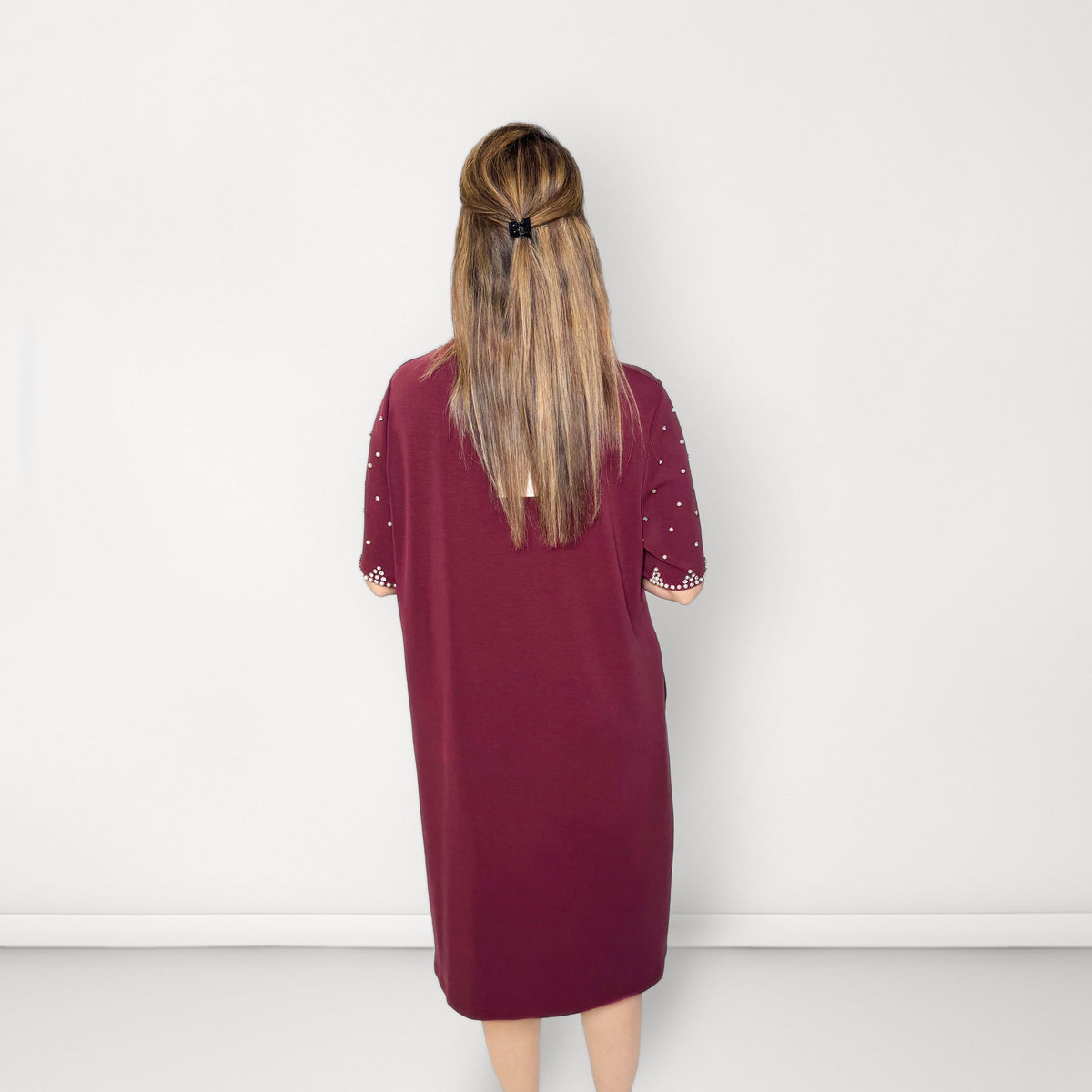 Pearl Sleeve T-shirt Dress - Maroon