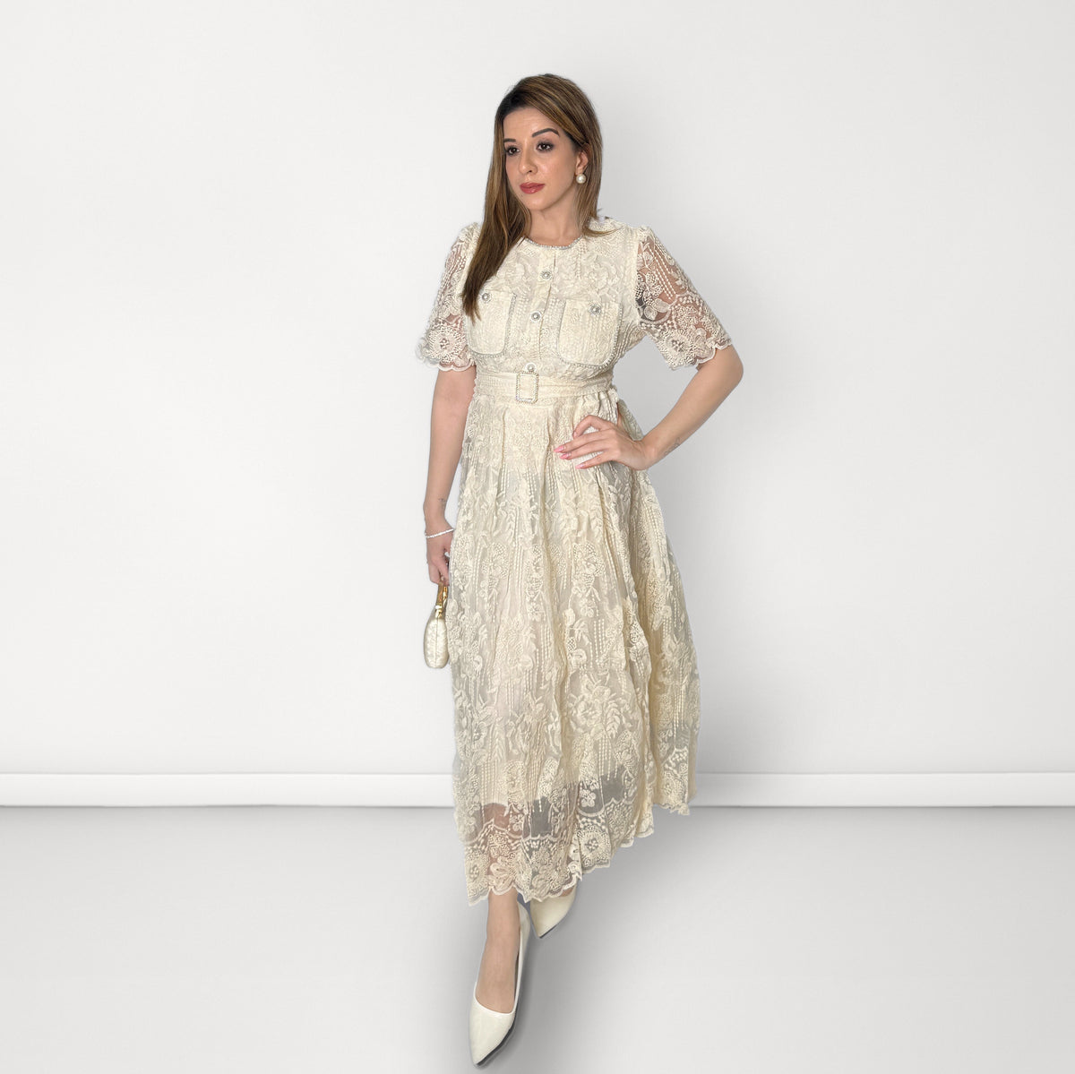 Plain Embroidered Net Belted Dress (Round Neck) - Ivory