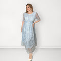 Plain Embroidered Net Belted Dress (Round Neck) - Light Blue