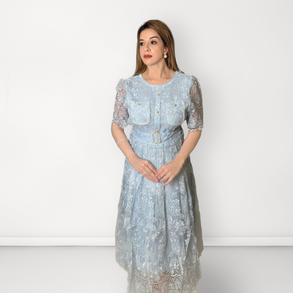 Plain Embroidered Net Belted Dress (Round Neck) - Light Blue