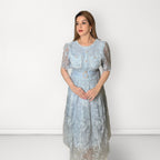 Plain Embroidered Net Belted Dress (Round Neck) - Light Blue
