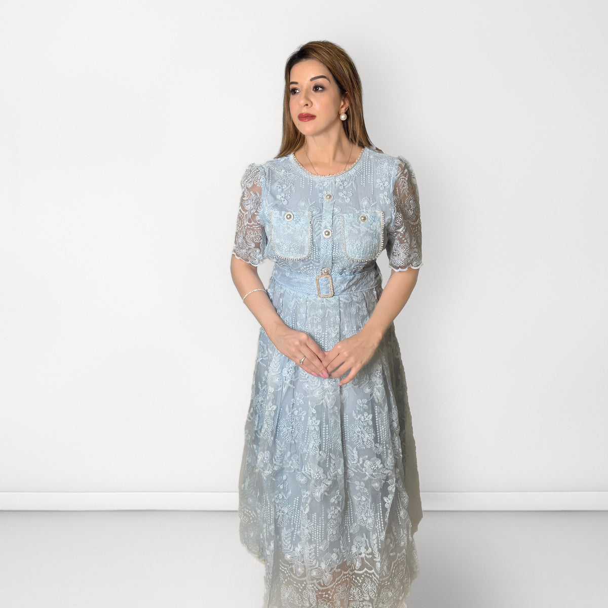 Plain Embroidered Net Belted Dress (Round Neck) - Light Blue