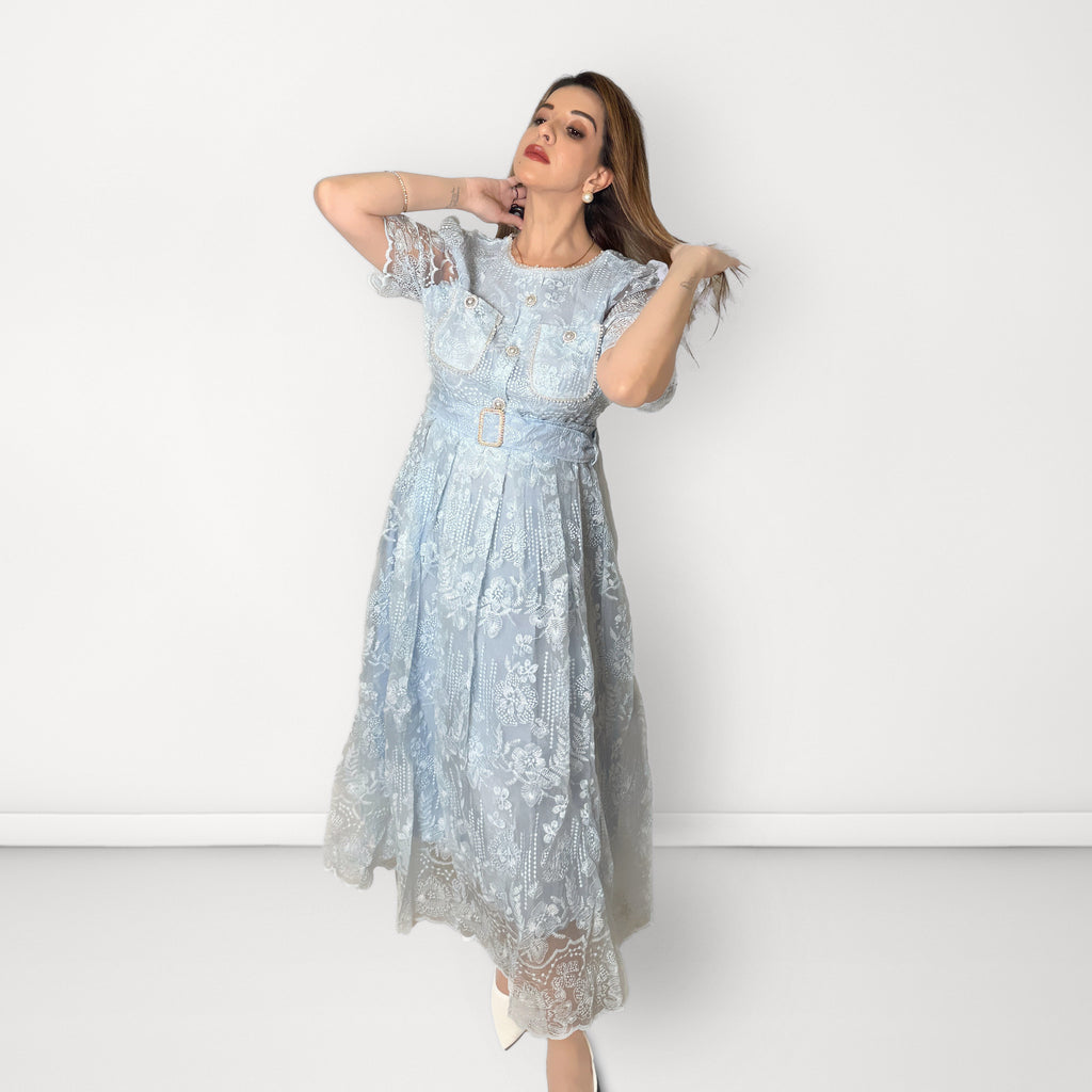 Plain Embroidered Net Belted Dress (Round Neck) - Light Blue