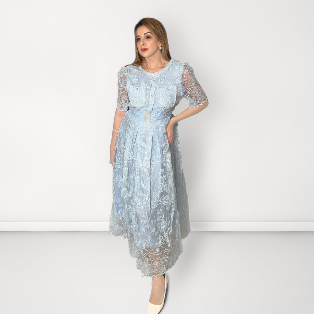 Plain Embroidered Net Belted Dress (Round Neck) - Light Blue