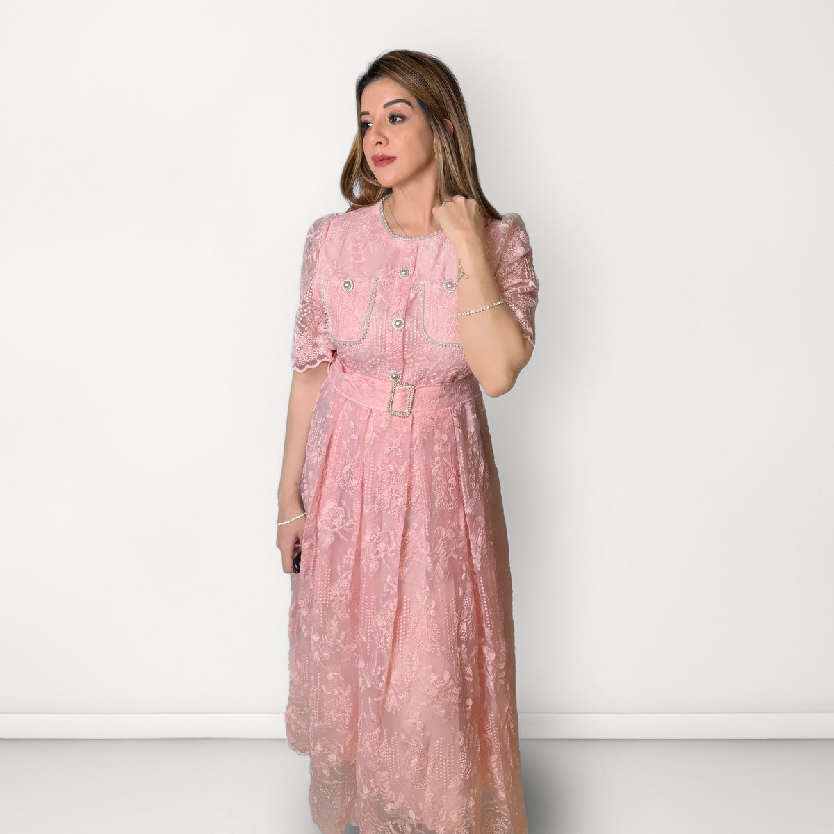 Plain Embroidered Net Belted Dress (Round Neck) - Light Pink