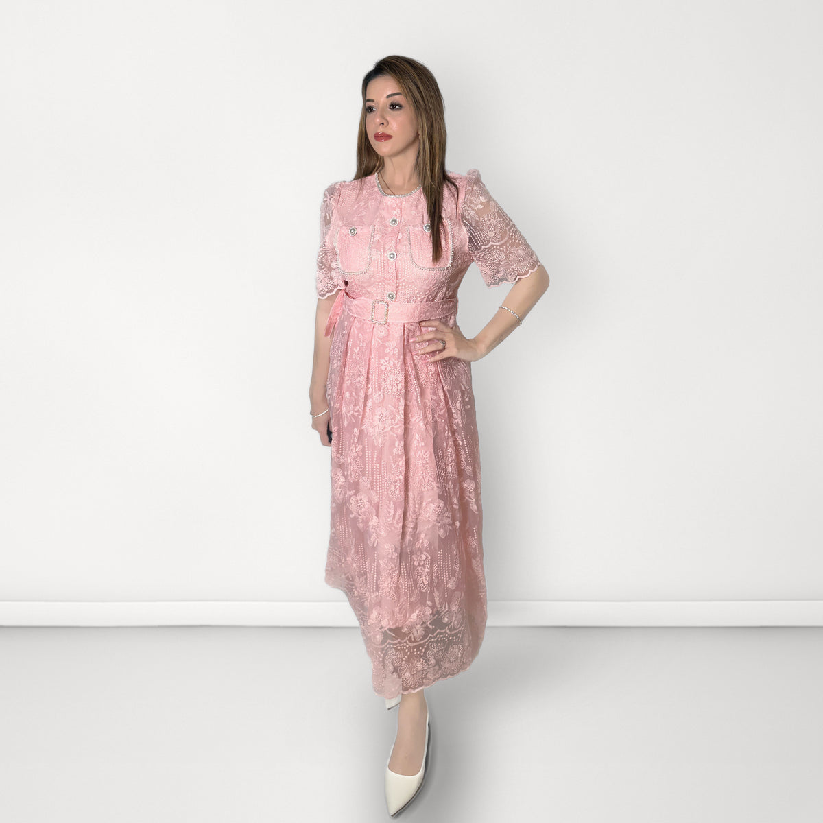 Plain Embroidered Net Belted Dress (Round Neck) - Light Pink