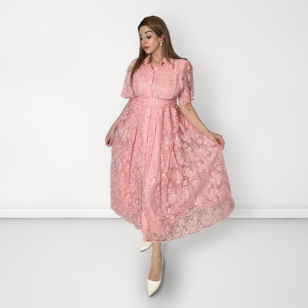 Plain Embroidered Net Belted Dress (Collared Neck) - Light Pink
