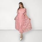 Plain Embroidered Net Belted Dress (Collared Neck) - Light Pink