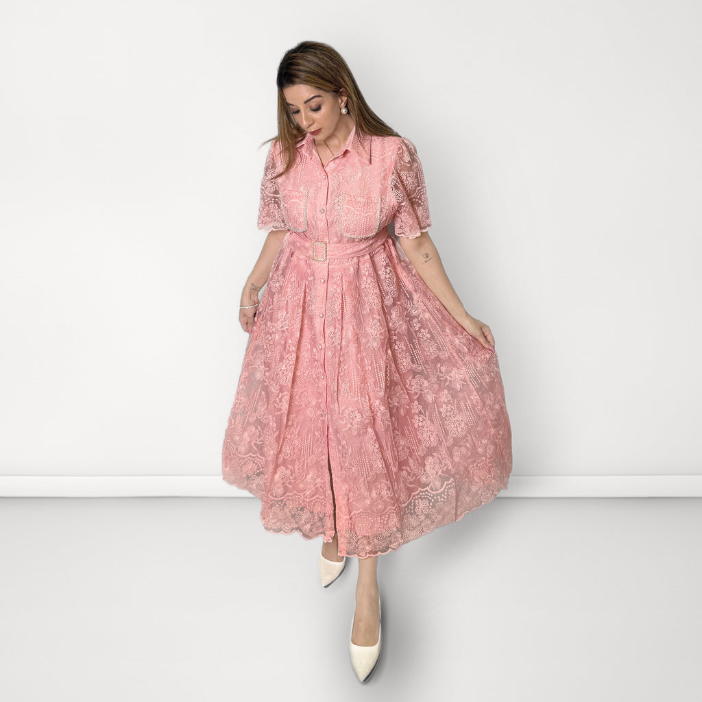 Plain Embroidered Net Belted Dress (Collared Neck) - Light Pink