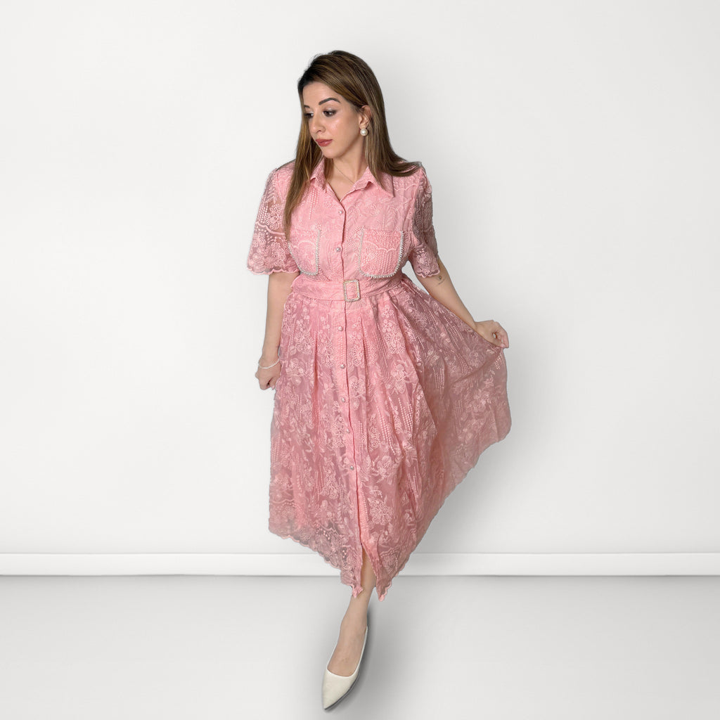 Plain Embroidered Net Belted Dress (Collared Neck) - Light Pink