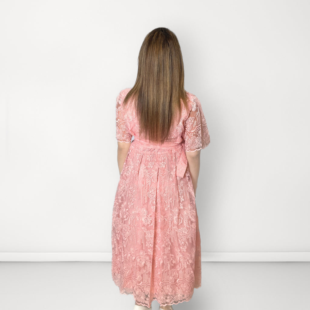 Plain Embroidered Net Belted Dress (Collared Neck) - Light Pink