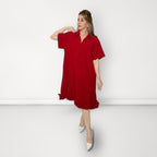 Ruffle Hem Shirt Dress - Red