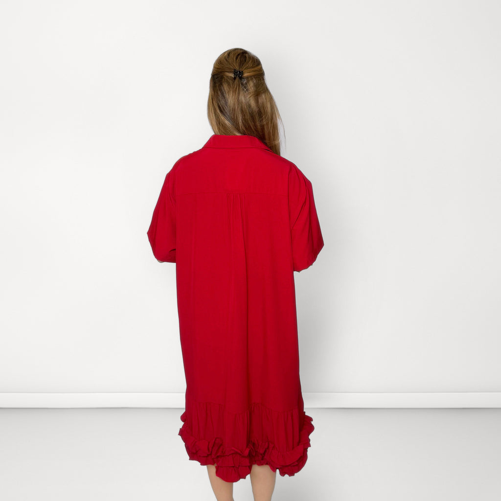 Ruffle Hem Shirt Dress - Red